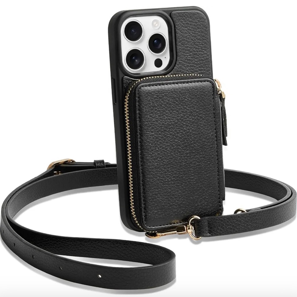 NEW IN THE BOX Black Leather Phone Case with Strap